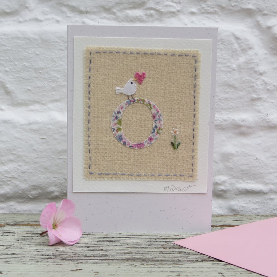Letter O hand-stitched card, can be personalised,new baby,Christening,birthday 