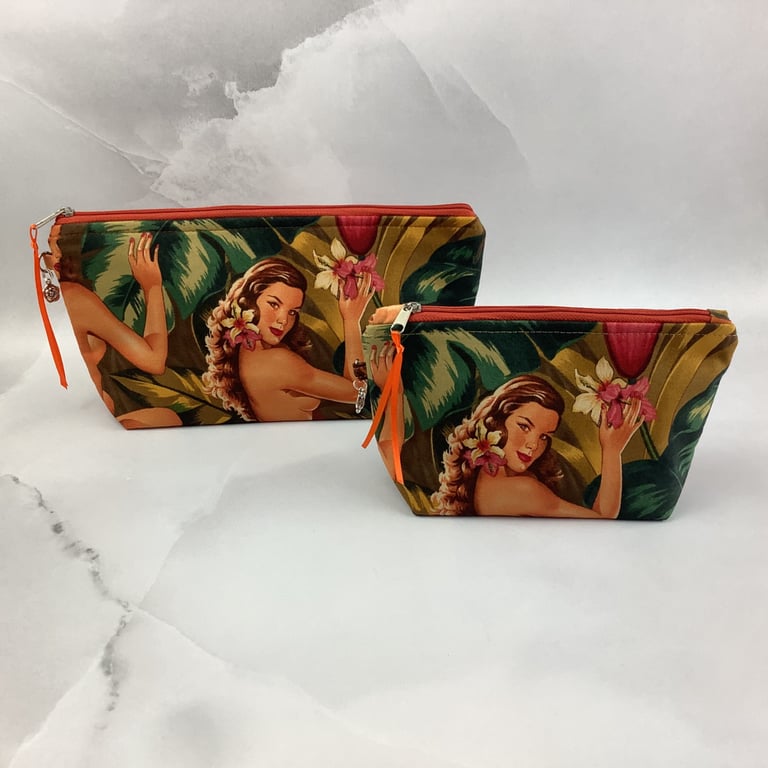 Burlesque zip bag, Tropical makeup bag, 2 size options, Handmade