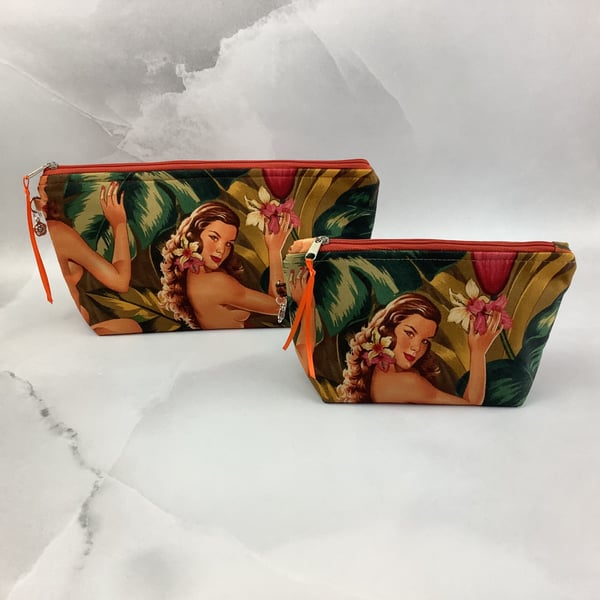 Burlesque zip bag, Tropical makeup bag, 2 size options, Handmade