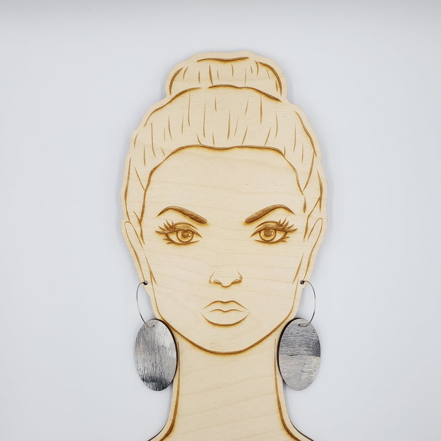 Grey and white hand printed dangle oval shaped earrings 