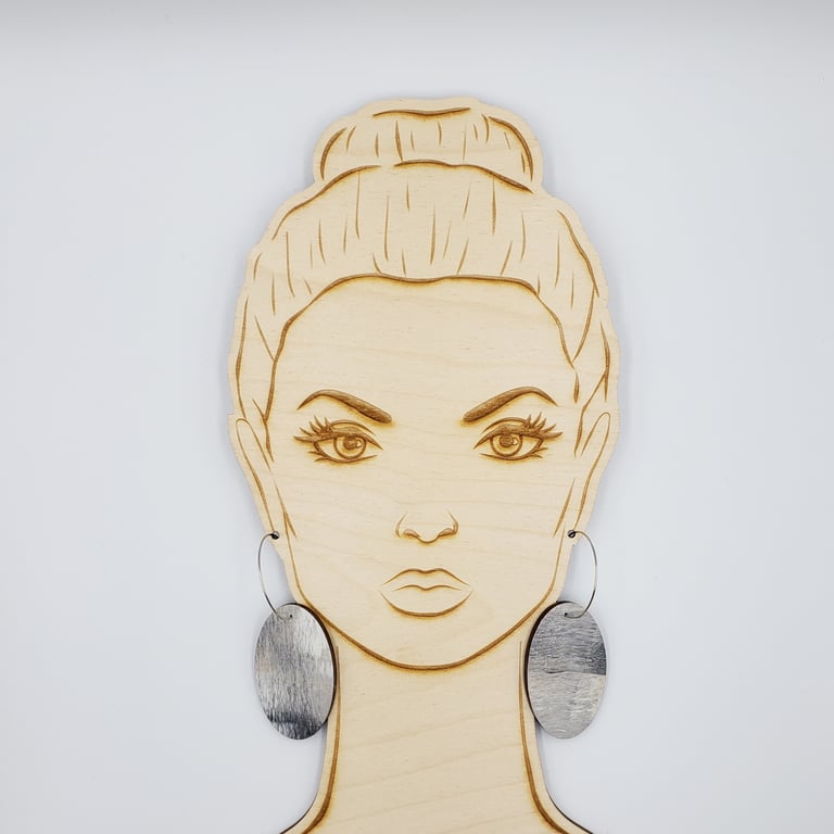 Grey and white hand printed dangle oval shaped earrings 