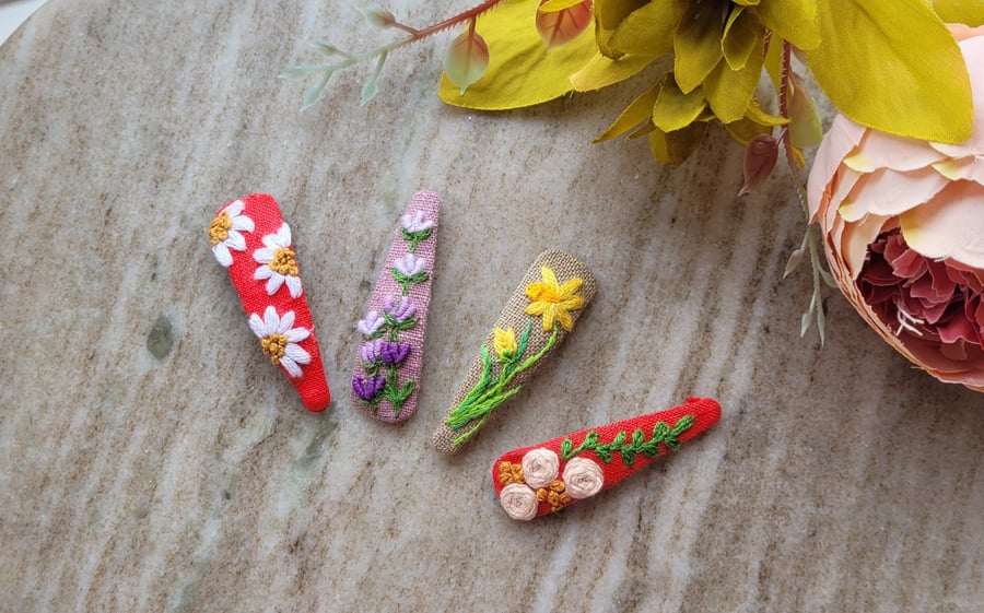 Hand embroidered pure linen hair clips spring vintage fashionlavender daffodil d