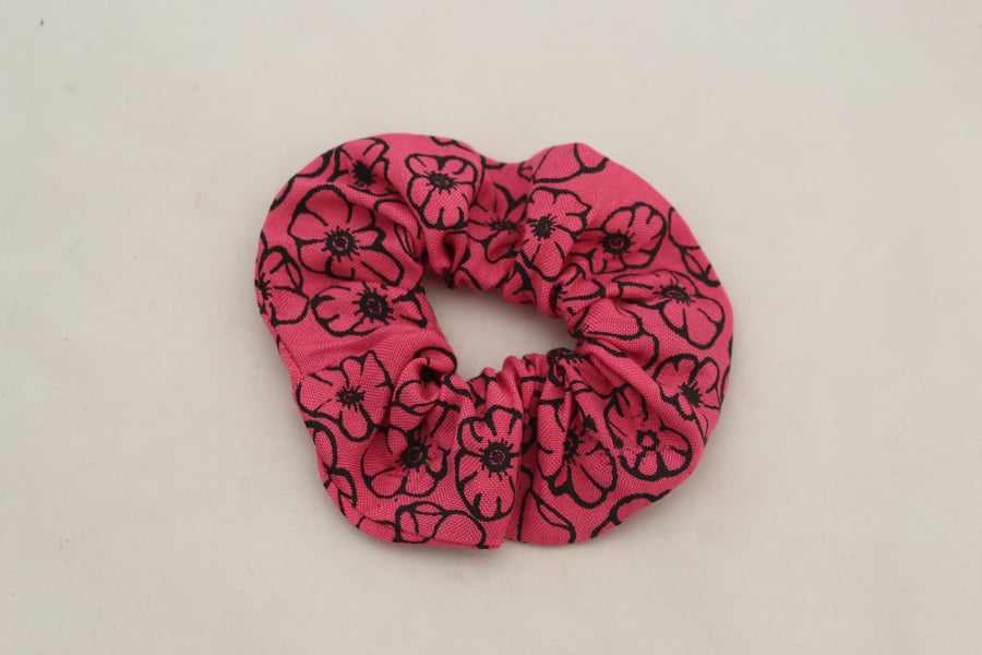 Elastic pink & black hair scrunchie hand print floral,Eco hair accessory,gift