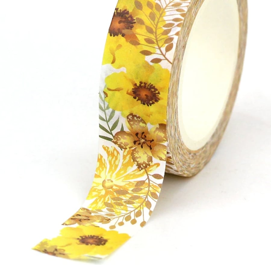 Yellow Flower Garden 15mm Washi Tape, Golden Blooms 10m, Decorative Tape,