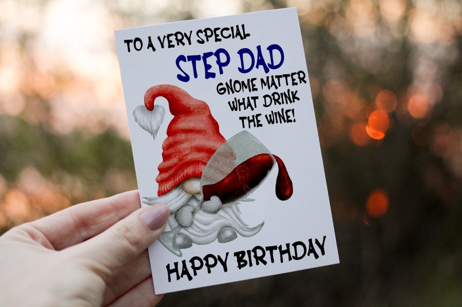 Special Step Dad Drink The Wine Gnome Birthday Card, Gonk Birthday Card