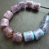 lampwork glass beads, pink frit barrel set