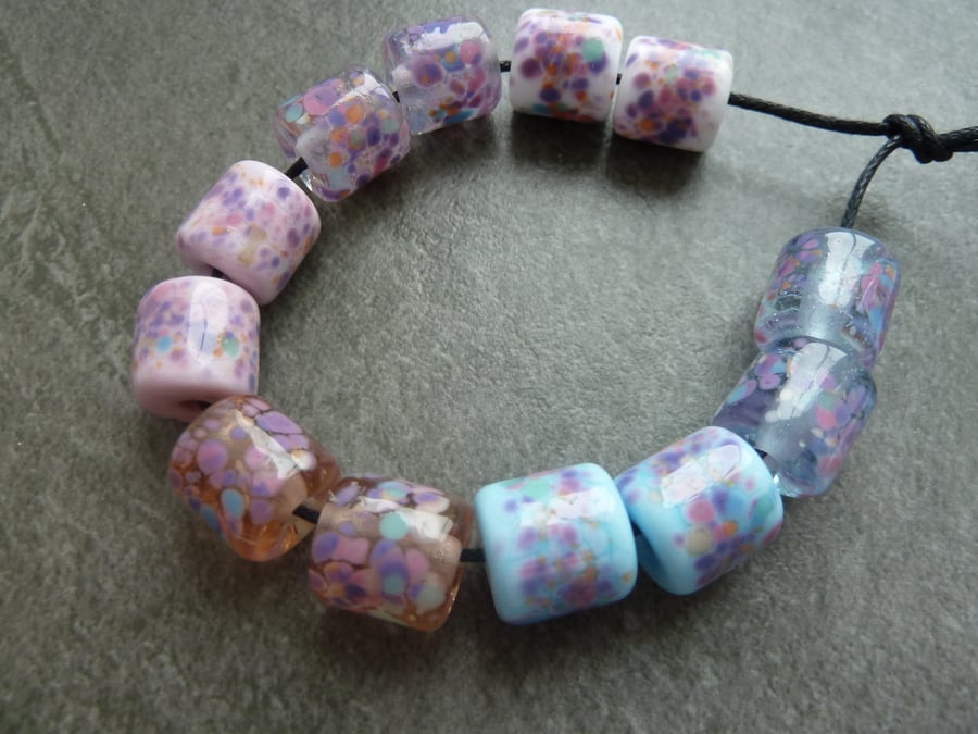 lampwork glass beads, pink frit barrel set