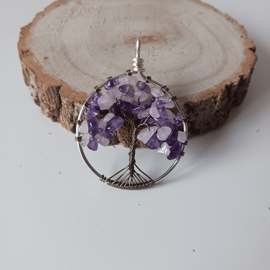Handcrafted Wire Work Tree of Life Necklace with Amethyst and Rose Quartz