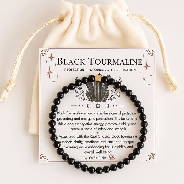 Black Tourmaline Bracelet & Crystal Card, Handmade Gift