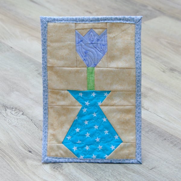 Blue Tulip in a Vase Fabric Mug Rug