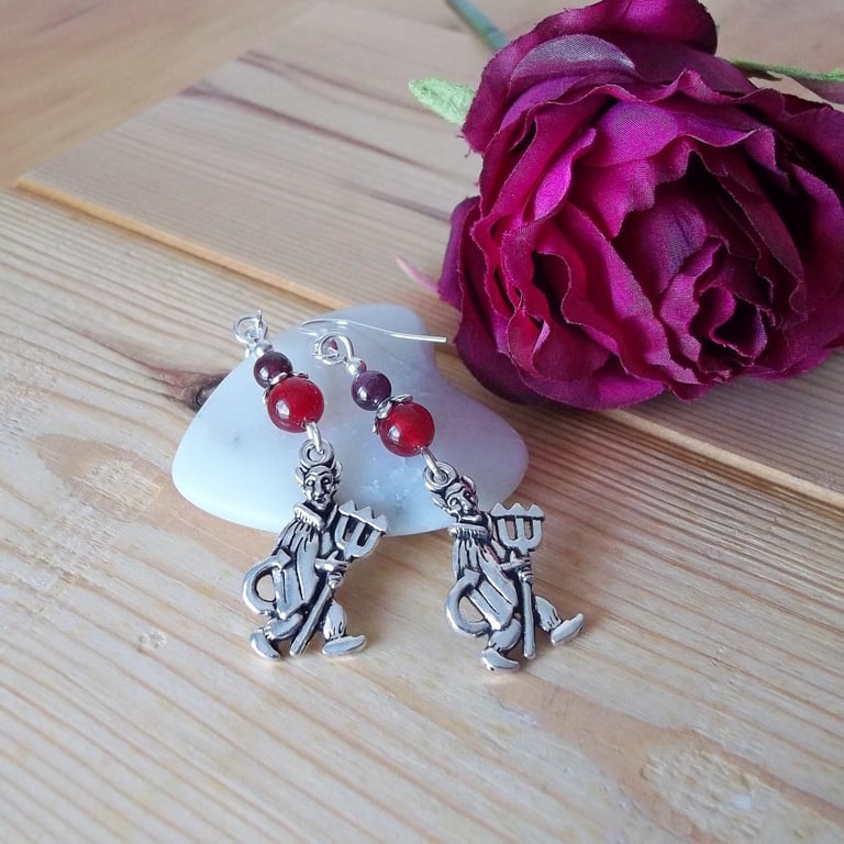 Devil Earrings, Garnet & Red Agate Beads, Valentine Gift
