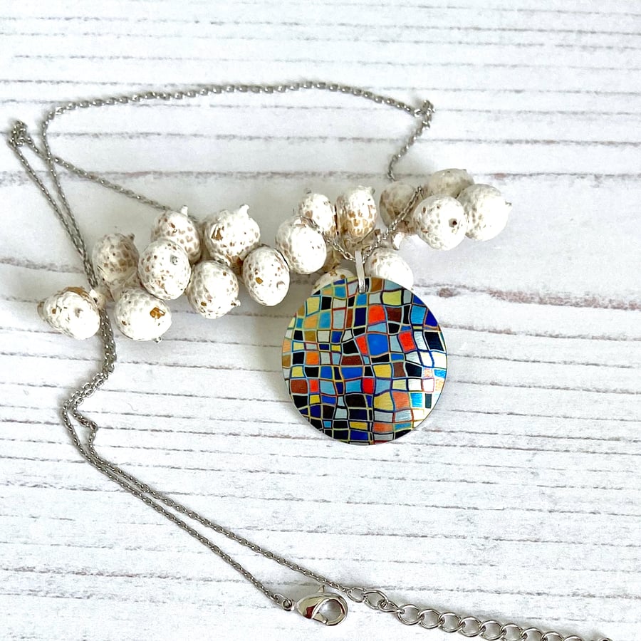 Multi coloured necklace, 32mm geometric mosaic disc pendant. (245)