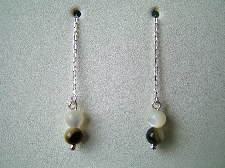 Shell Chain Drop Earrings - Sterling Silver - Genuine Gemstone - Handmade 