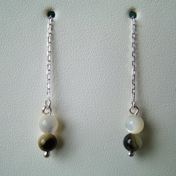 Shell Chain Drop Earrings - Sterling Silver - Genuine Gemstone - Handmade 