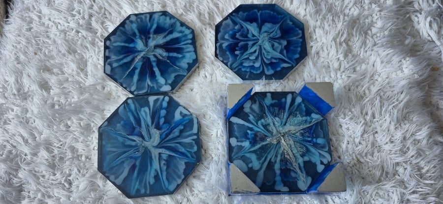 Handmade Resin Coaster Set with Holder – Ocean-Inspired Elegance