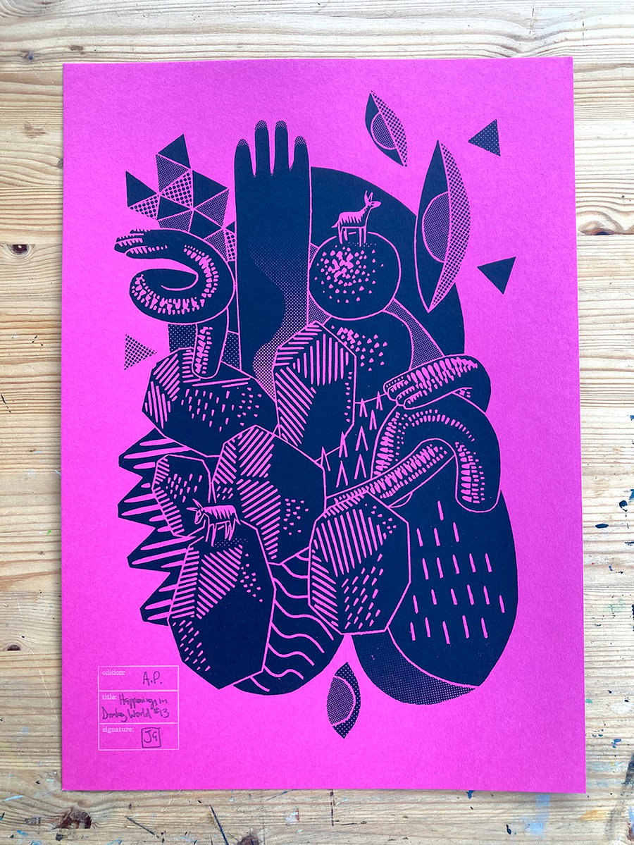 Happenings in Donkey World No.13 A3 linocut screen-print (on deep pink paper)