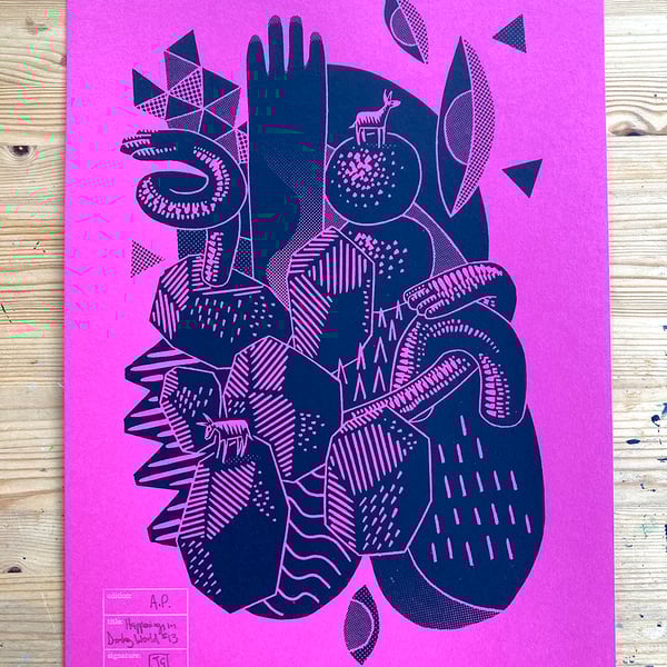 Happenings in Donkey World No.13 A3 linocut screen-print (on deep pink paper)