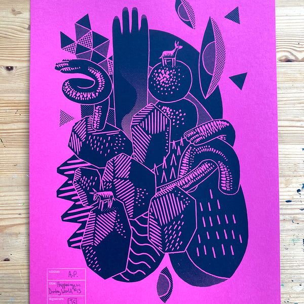 Happenings in Donkey World No.13 A3 linocut screen-print (on deep pink paper)