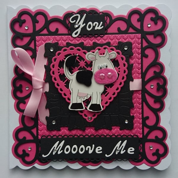 Valentine's Card You Mooove Me Cow White Black Pink Love Heart Fun