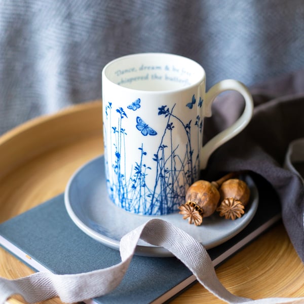 Large Fine china blue butterfly meadow mug Seconds Sunday