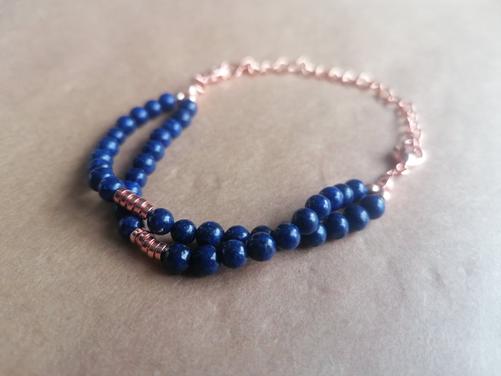 Lapis and rose, double hang ball bracelet 