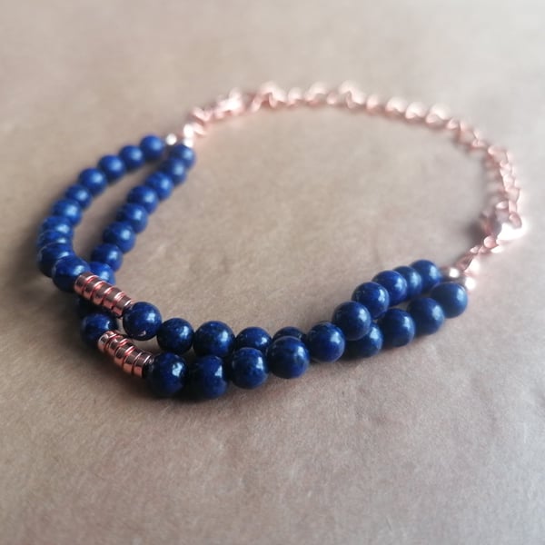 Lapis and rose, double hang ball bracelet 