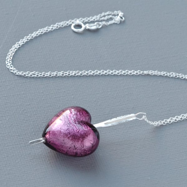 Amethyst Murano Heart Pierced With A Sterling Silver Arrow Pendant Necklace 