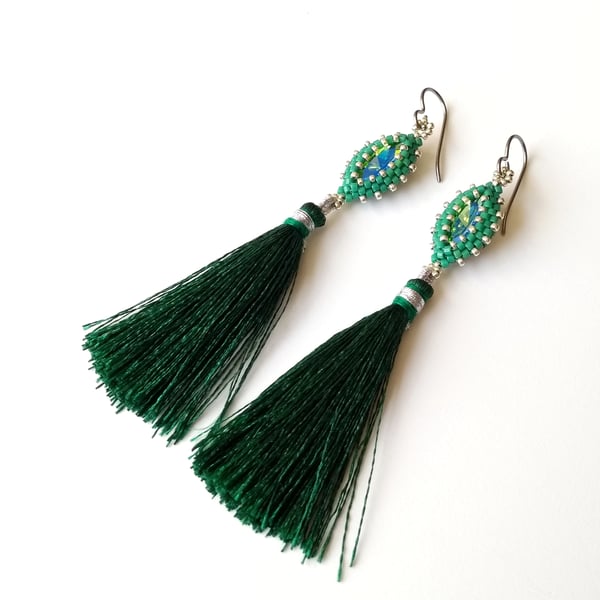 Statement Emerald Green Tassel Beaded Earrings