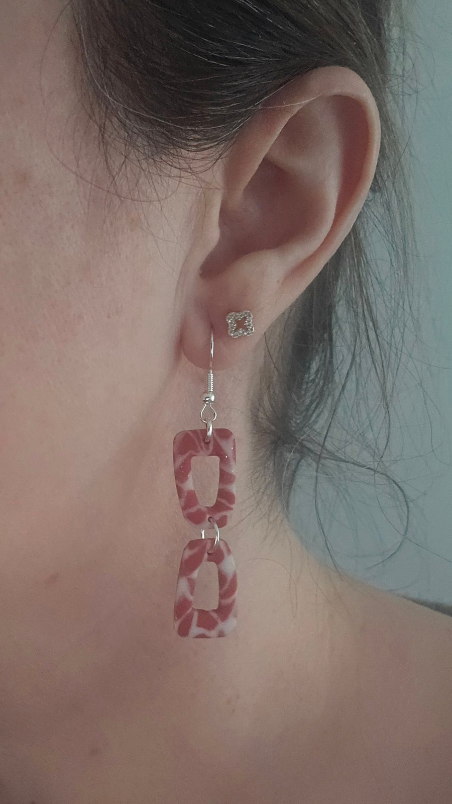 Polymer clay dangle terracotta marble effect earrings on silver plated earhooks