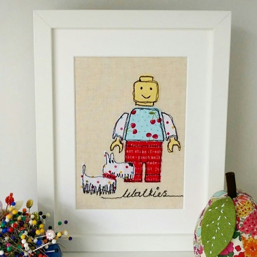 'Walkies' Handmade Building Block Character with Dog Embroidery by Lillyblossom