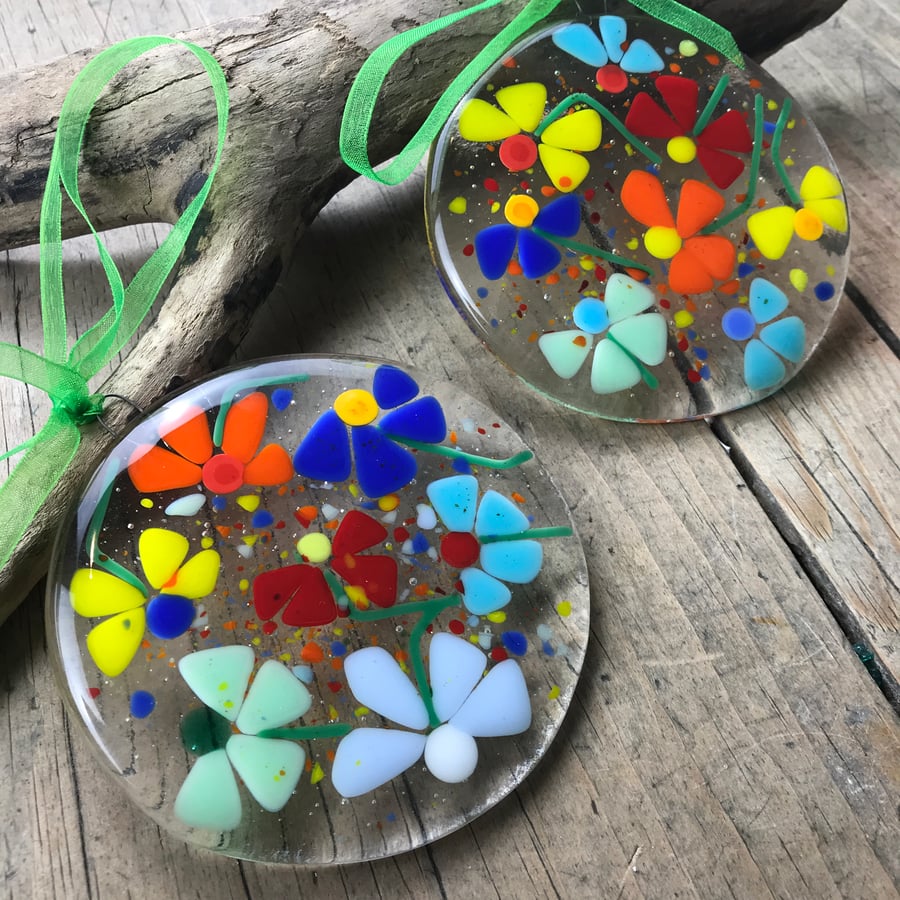 Colourful flower suncatcher made from fused glass, gift for mum, birthday gift
