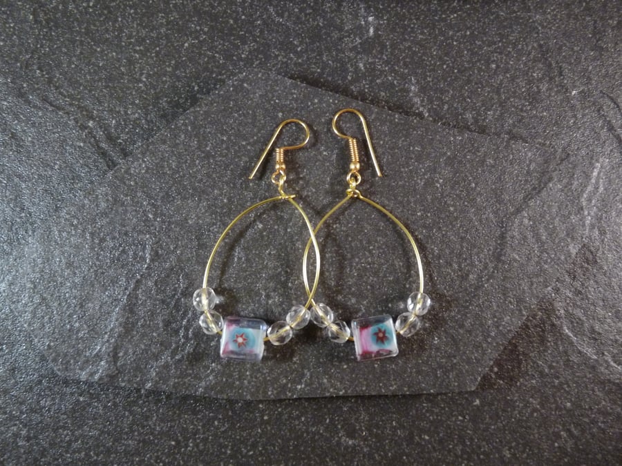 Large Hoop Earrings - Pink Star Glass Bead - 40mm - Gold Colour