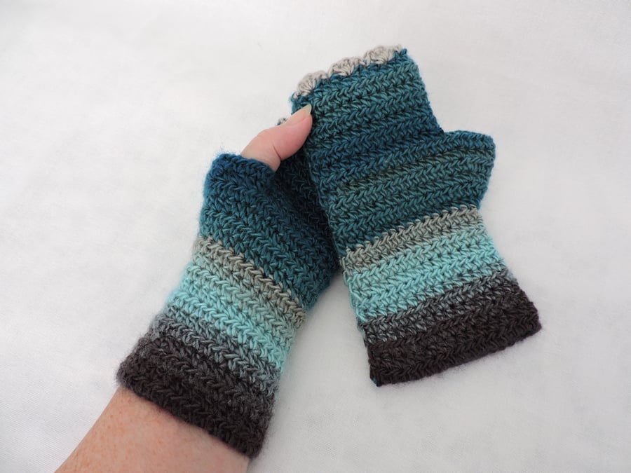 Crochet Fingerless Mitts Gloves  100% Acrylic  Teal Turquoise Grey Aqua