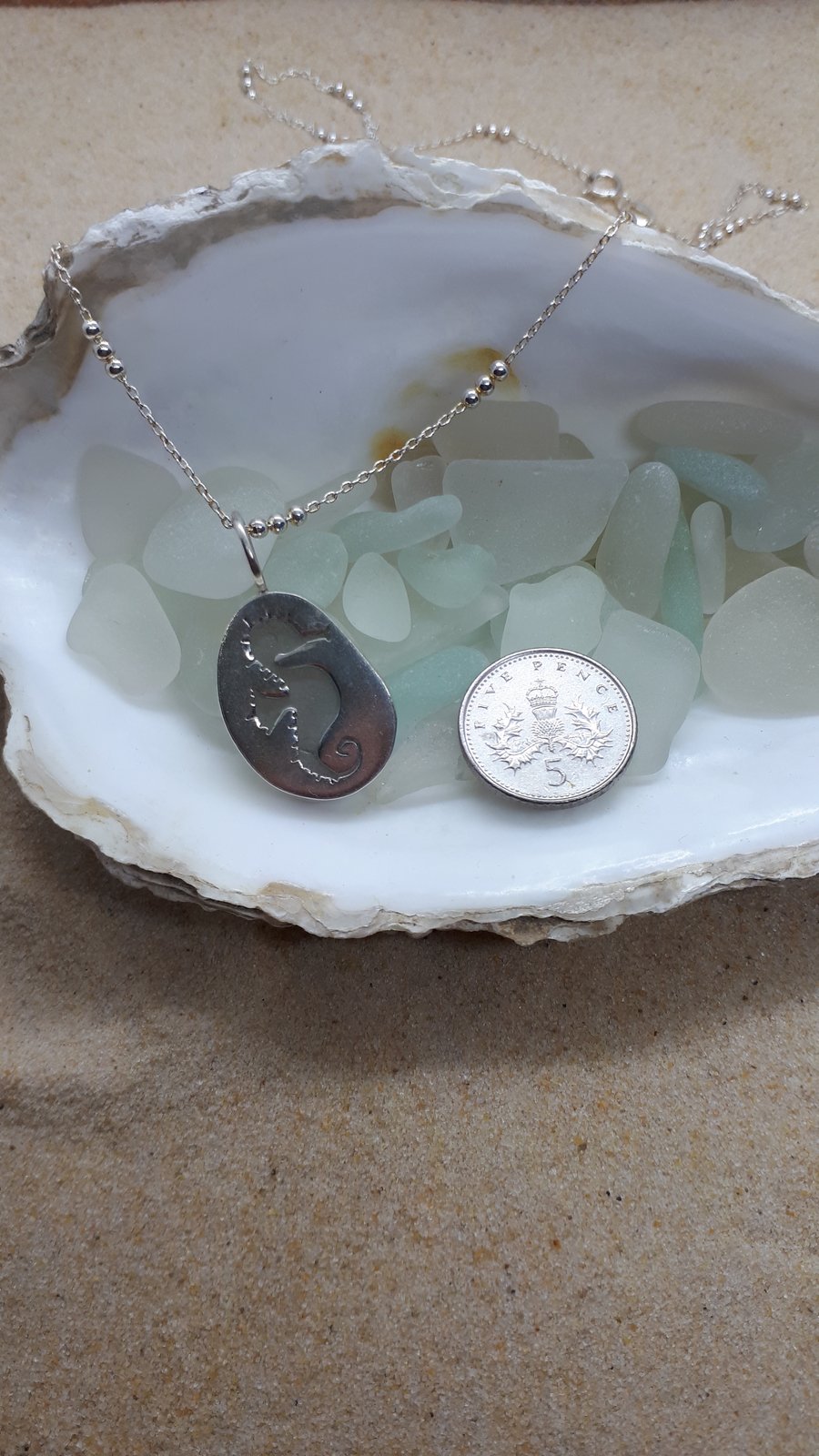 Sea glass and silver sea horse pendant