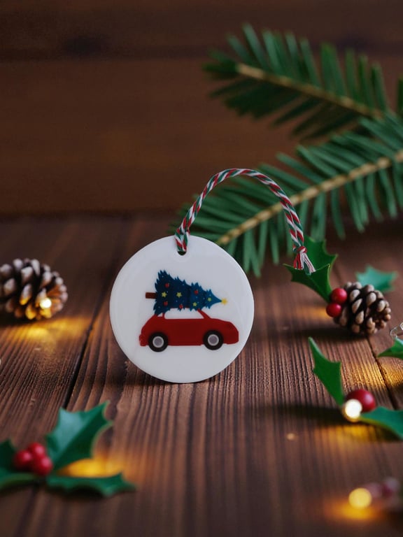 Red Car and Christmas Tree Round Ceramic Christmas Decoration Tree Ornament