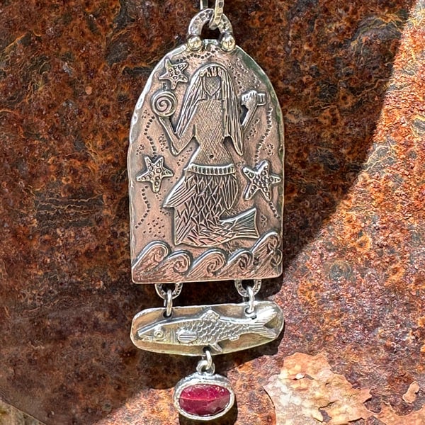 Mermaid of Zennor Pendant with African Rose Cut Ruby