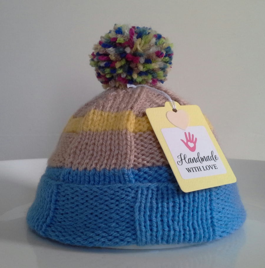 Hand Knitted Baby Boy's Pom Pom Hat 0-6 Months size