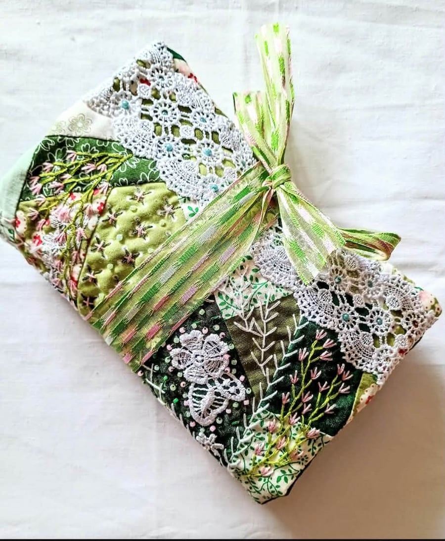 Hand embroidered Needlecase with sewing supplies, slow stitch supplies