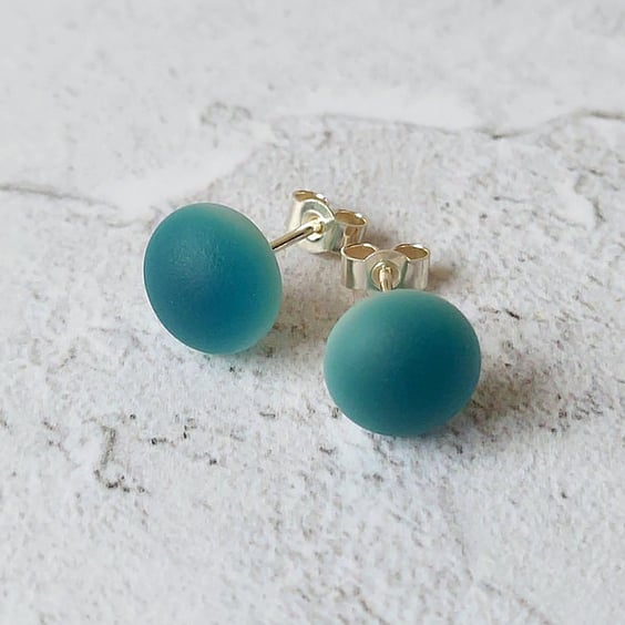 Stud earrings, sea blue fused glass with sterling silver fittings