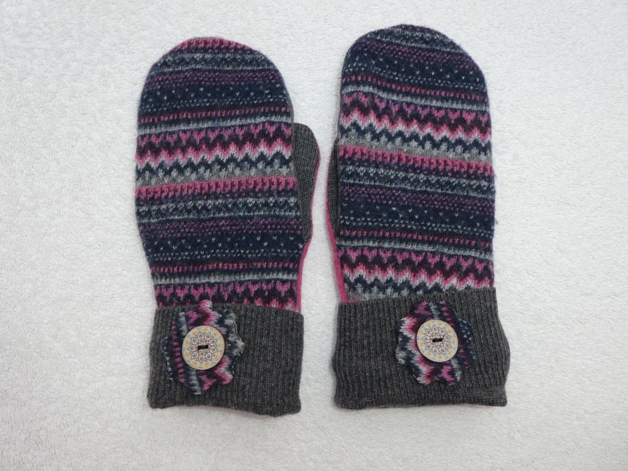 Mittens Created from Recycled Wool Jumpers. Fully Lined. Fair Isle. Grey Cuff