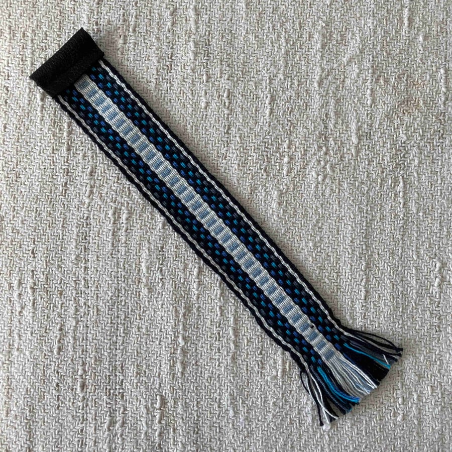 Hand Woven Bookmark - White Blue Black Grey Cotton Sami Band Weaving BKMK7