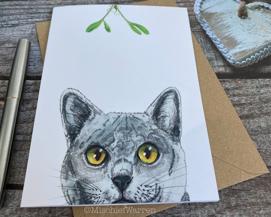 Grey Cat Christmas Card. Blue Cat handmade Christmas card.