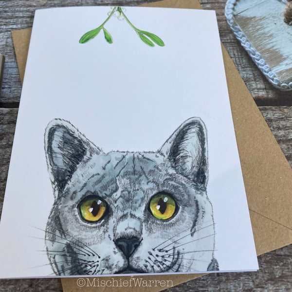 Grey Cat Christmas Card. Blue Cat handmade Christmas card.