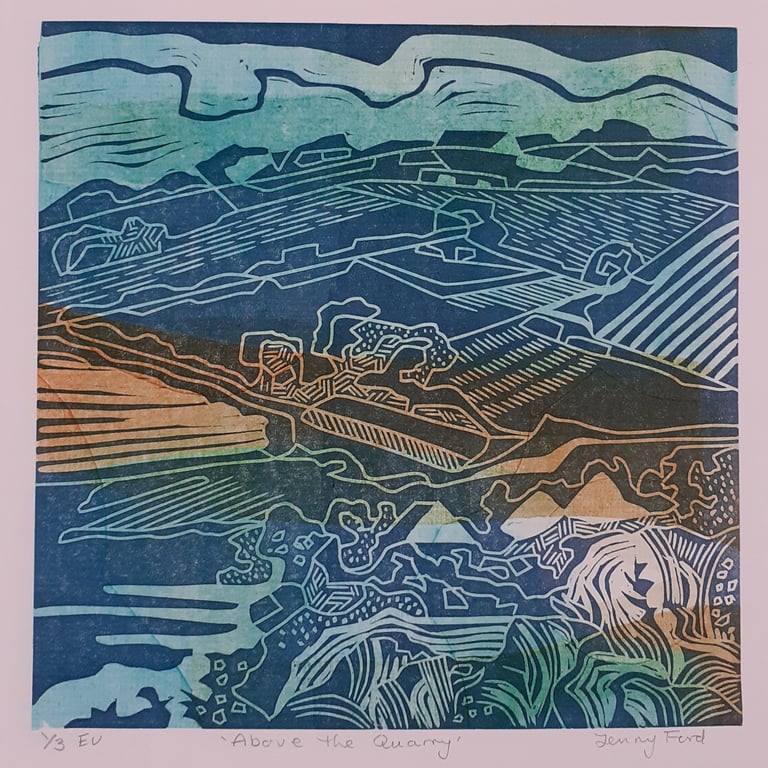Above the Quarry, lino print over monoprint.