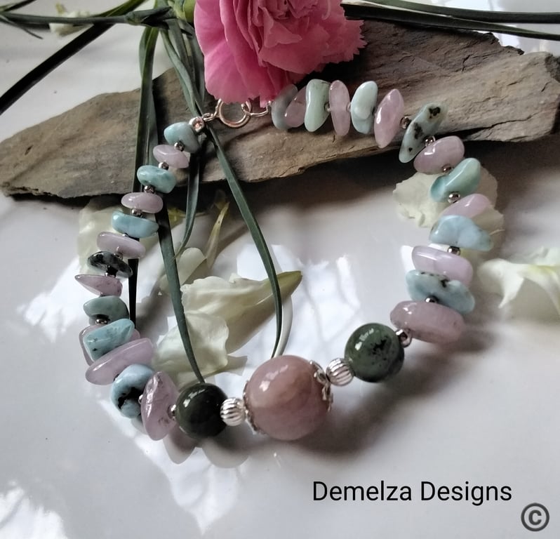 Kunzite, Laramar & Burmese Jade Sterling Silver Bracelet 