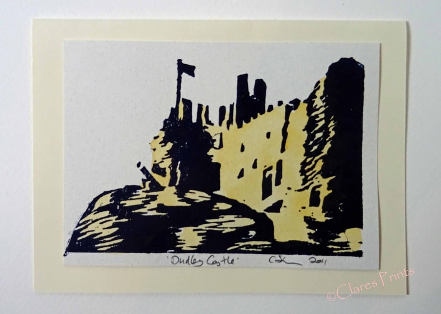 Dudley Castle Art Lino Print Blank Greeting Card with Watercolour 