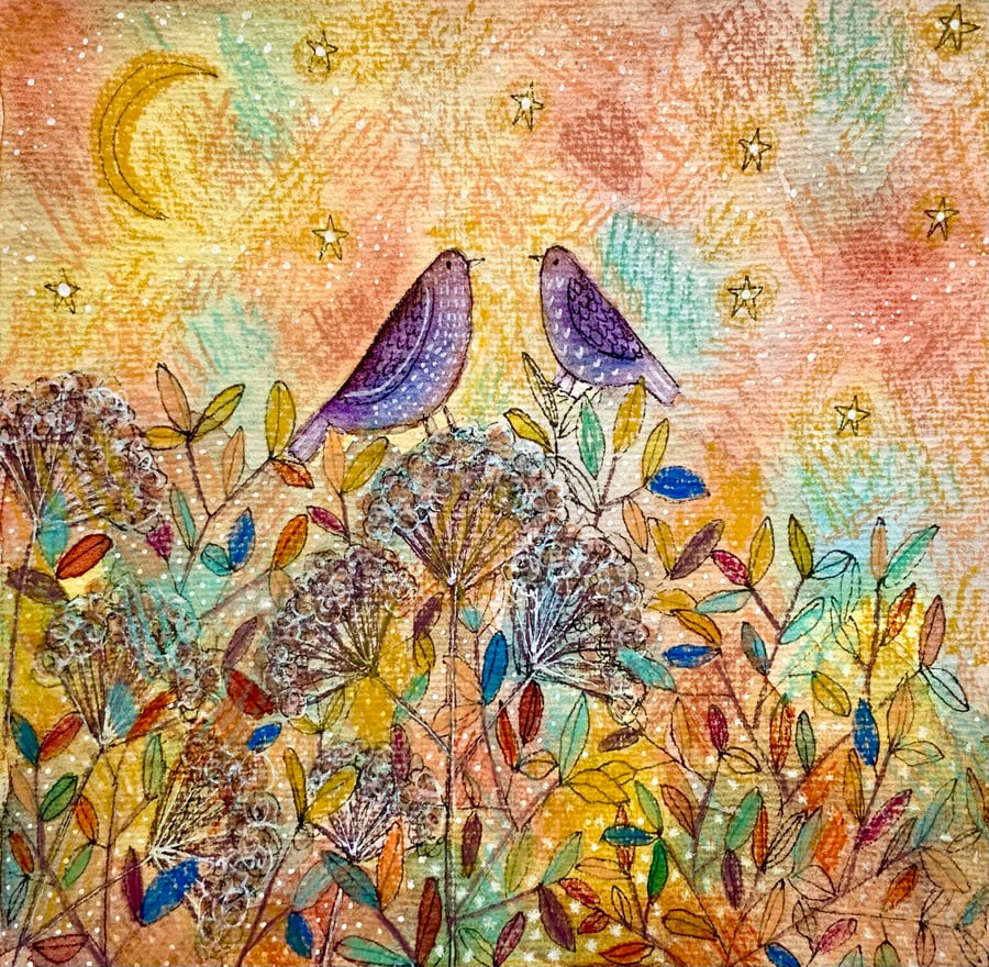 Two Purple Birds, original painting 
