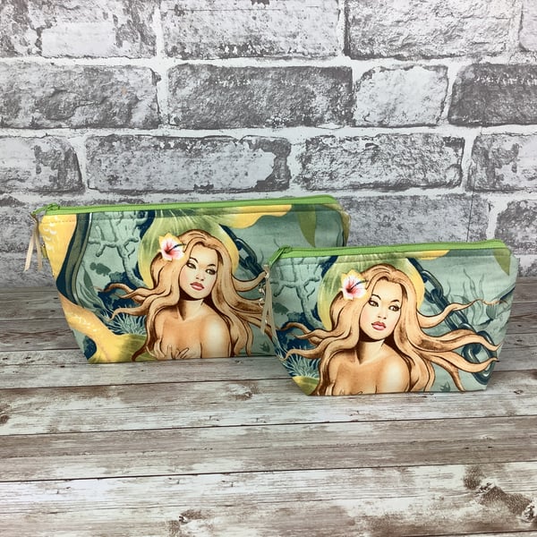 Mermaids Zip case, Sea Sirens makeup bag, Fabric, 2 size options, Handmade