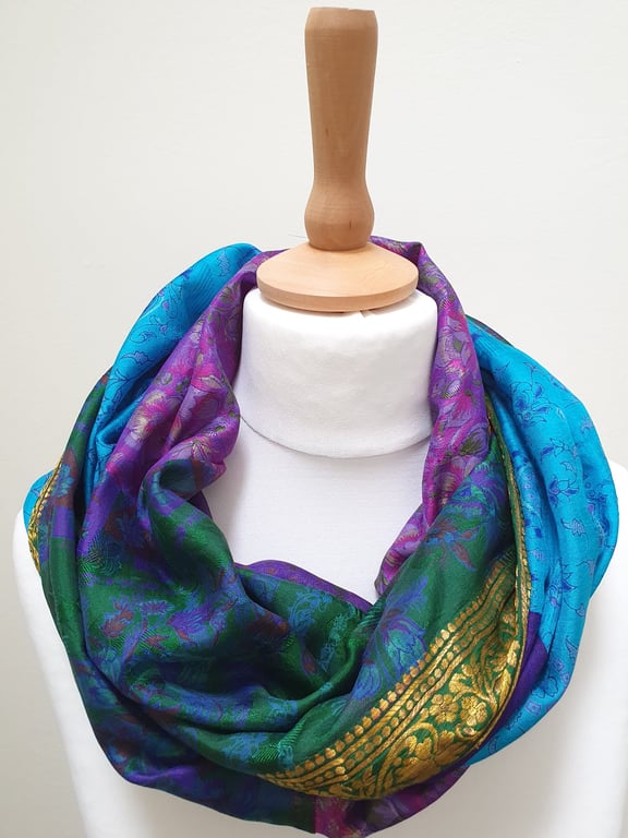 Sari silk double sided infinity scarf. jewel tones.shades of purple,blue,gold 