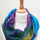 Sari silk double sided infinity scarf. jewel tones.shades of purple,blue,gold 